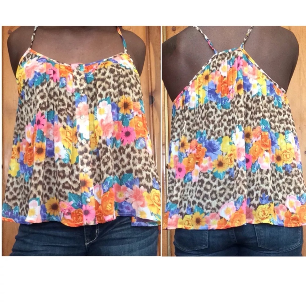 Flirty Bebe Floral & Chettah Strappy Button up Top